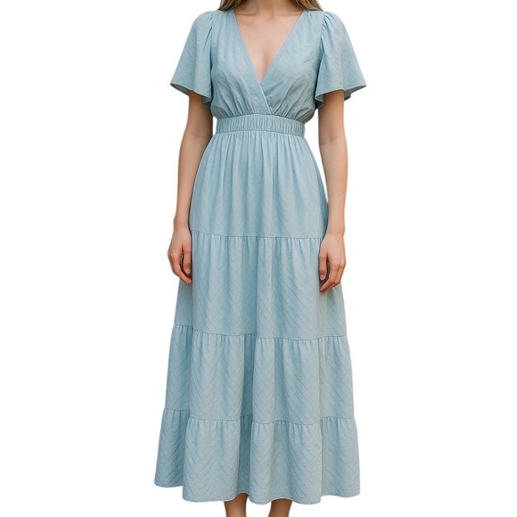 She + Sky Dresses & Skirts - She + Sky Ruffle Sleeve w/ Plunging Neckline Open Back Crepe Blue Maxi Dress 1XL